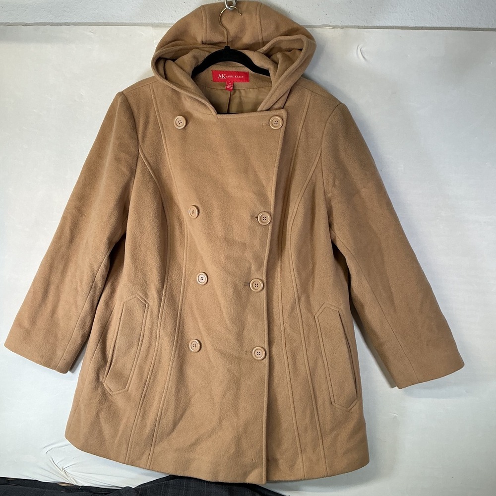 Anne Klein Women's Tan Wool Blend Hooded Peacoat Double Breasted 1X